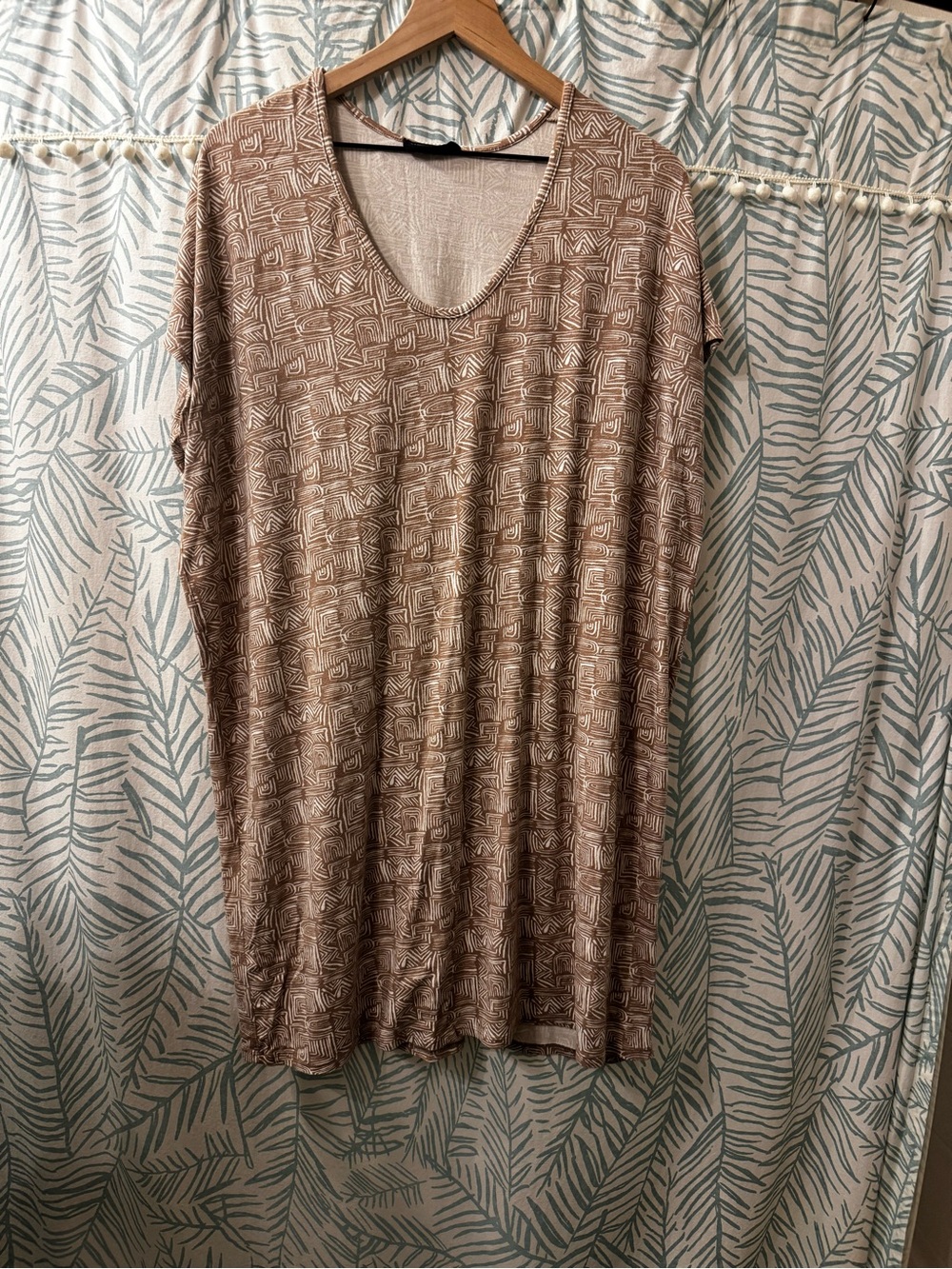 Tan Geometric V-Neck Women's Dress—Always A.Line, Made in Hawaii